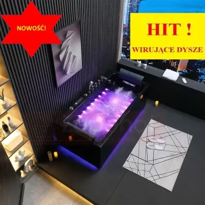 Czarna wanna z hydromasażem EBS-185 prostokątna 170cmx85cmx58cm DYSZE OBROTOWE, MASAŻ KARKU, WODOSPADY, PILOT