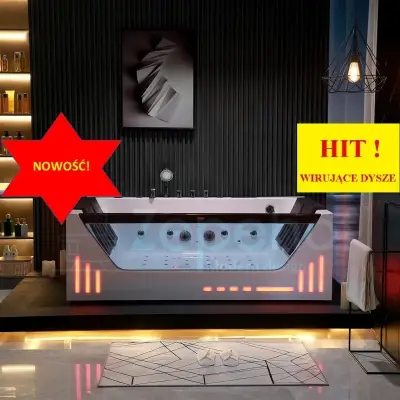 Wirujące dysze Wanna z hydromasażem EB-7066 B prostokątna 180cmx120cmx59cm Wodospad LED x 2+Ambiente z podgrzewaczem+pilot