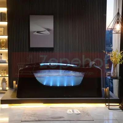 Czarna wanna z hydromasażem EB-D034 prostokątna 187cmx90cmx75cm Wodospad LED x 2+Ambiente z podgrzewaczem+pilot