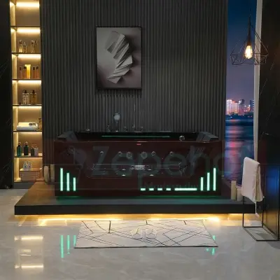 Wirujące dysze Czarna wanna z hydromasażem EB-7066 B prostokątna 180cmx120cmx59cm Wodospad LED x 2+Ambiente z podgrzewaczem+pilot