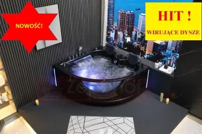 Wirujące dysze czarna Wanna z hydromasażem EG-015 narożna 150cmx150cmx65cm spadające SOPLE LEDowe HIT!